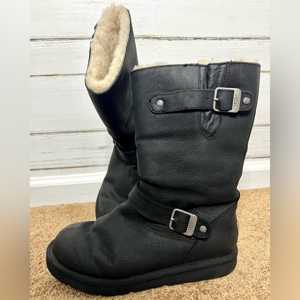UGG Black Leather Shearling-Lined Mid-Calf Boots